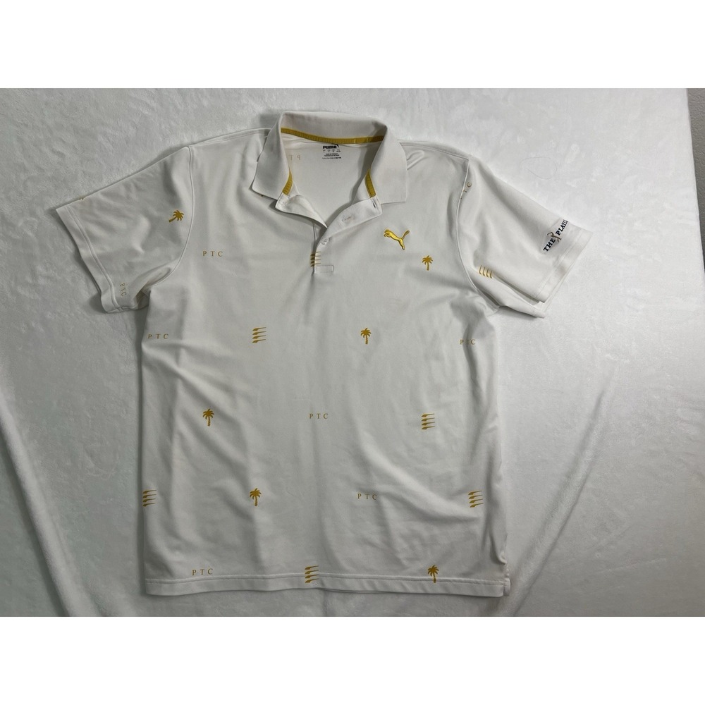 PUMA Palm Tree Golf Polo Shirt White Yellow Men's Size L Short Sleeve